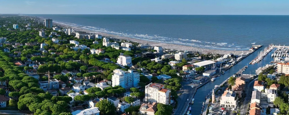 Vista aerea di una città costiera con vegetazione, edifici e canale.